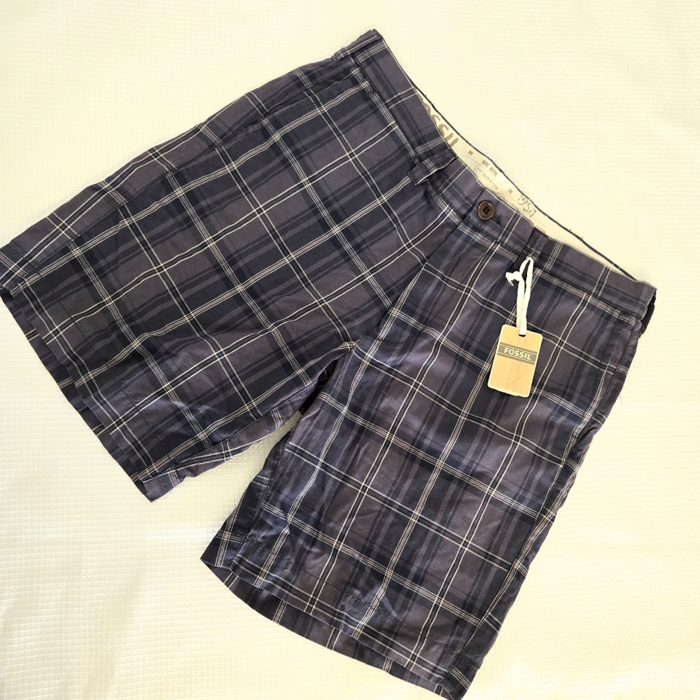 Fossil Chino Shorts Russell Plaid Blue Slit Back Pockets Cotton